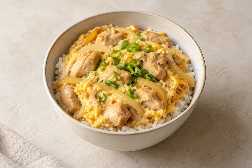 ภาพประกอบข้าวไก่ไข่สุกกับหอมหัวใหญ่และต้นหอม