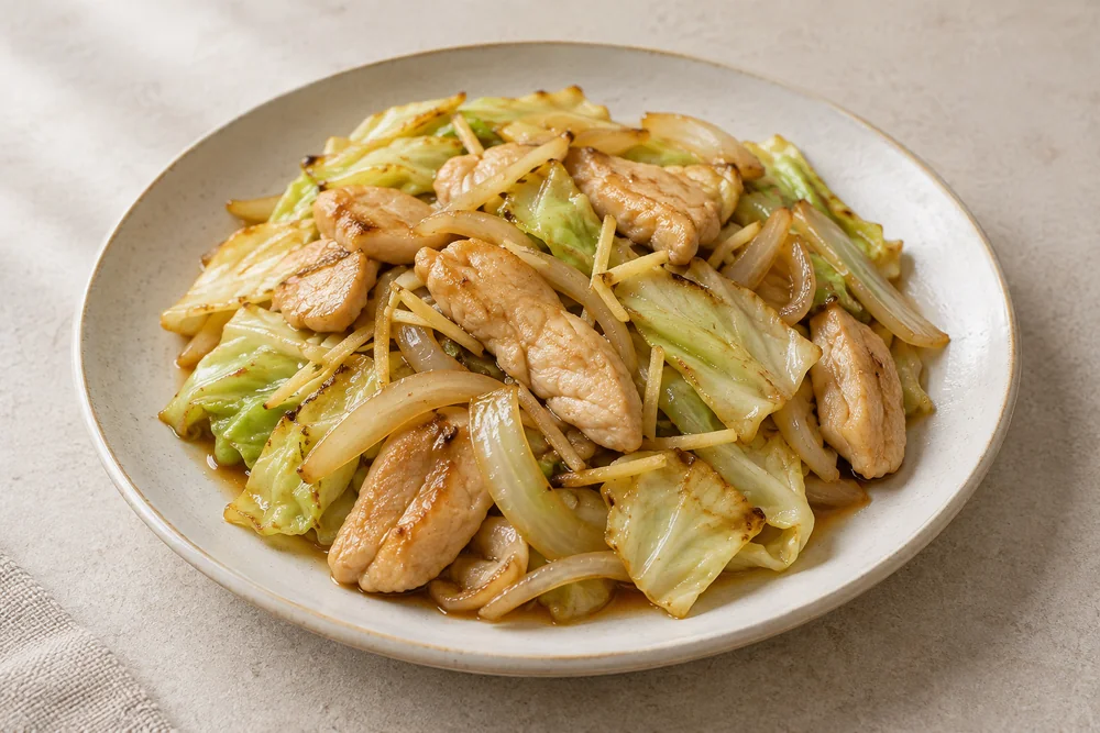 ภาพประกอบไก่ผัดขิง กะหล่ำปลี และหอมหัวใหญ่เคลือบซอสบาง ๆ