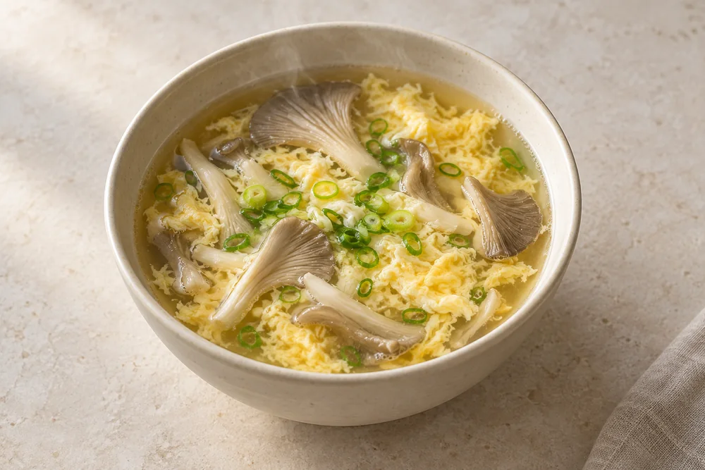 ภาพประกอบน้ำซุปใส เห็ดนางฟ้า ไข่สุกเป็นริ้ว และต้นหอม