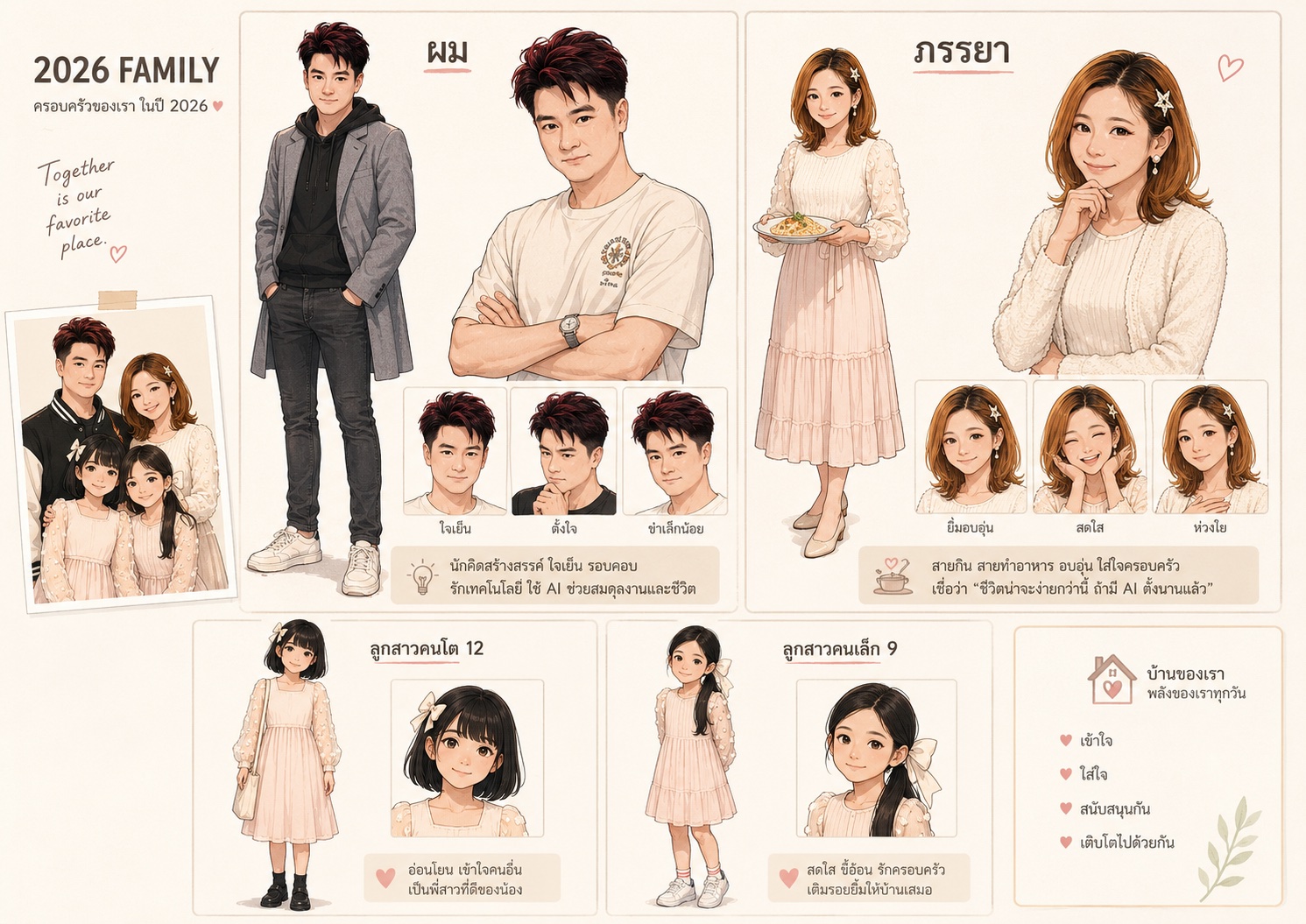 Character Profile ครอบครัวปี 2026 ที่สร้างจากภาพถ่ายจริง เพื่อกำหนดหน้าตา อายุ ทรงผม และความสัมพันธ์ให้คงที่ตลอดเรื่อง