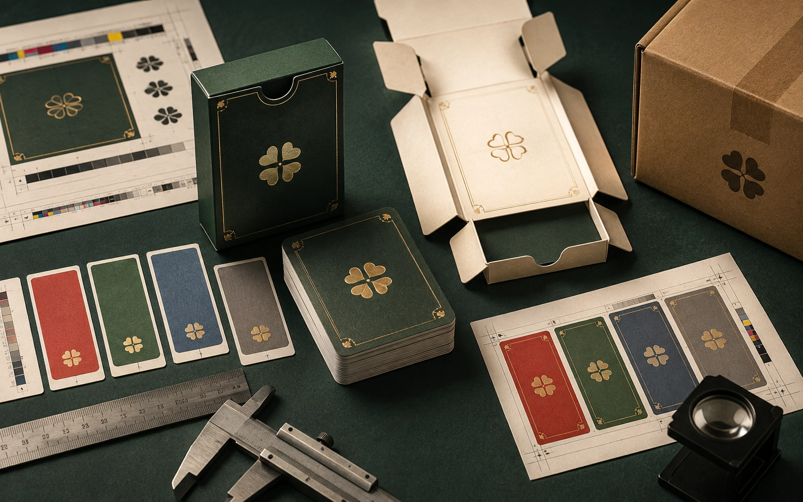 A controlled card production setup with proofs, color checks and one compact box.