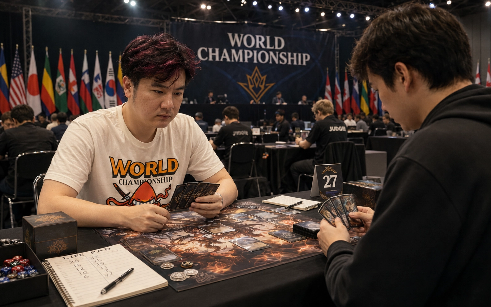 A world championship card tournament scene where players study decks and prepare before the match begins.