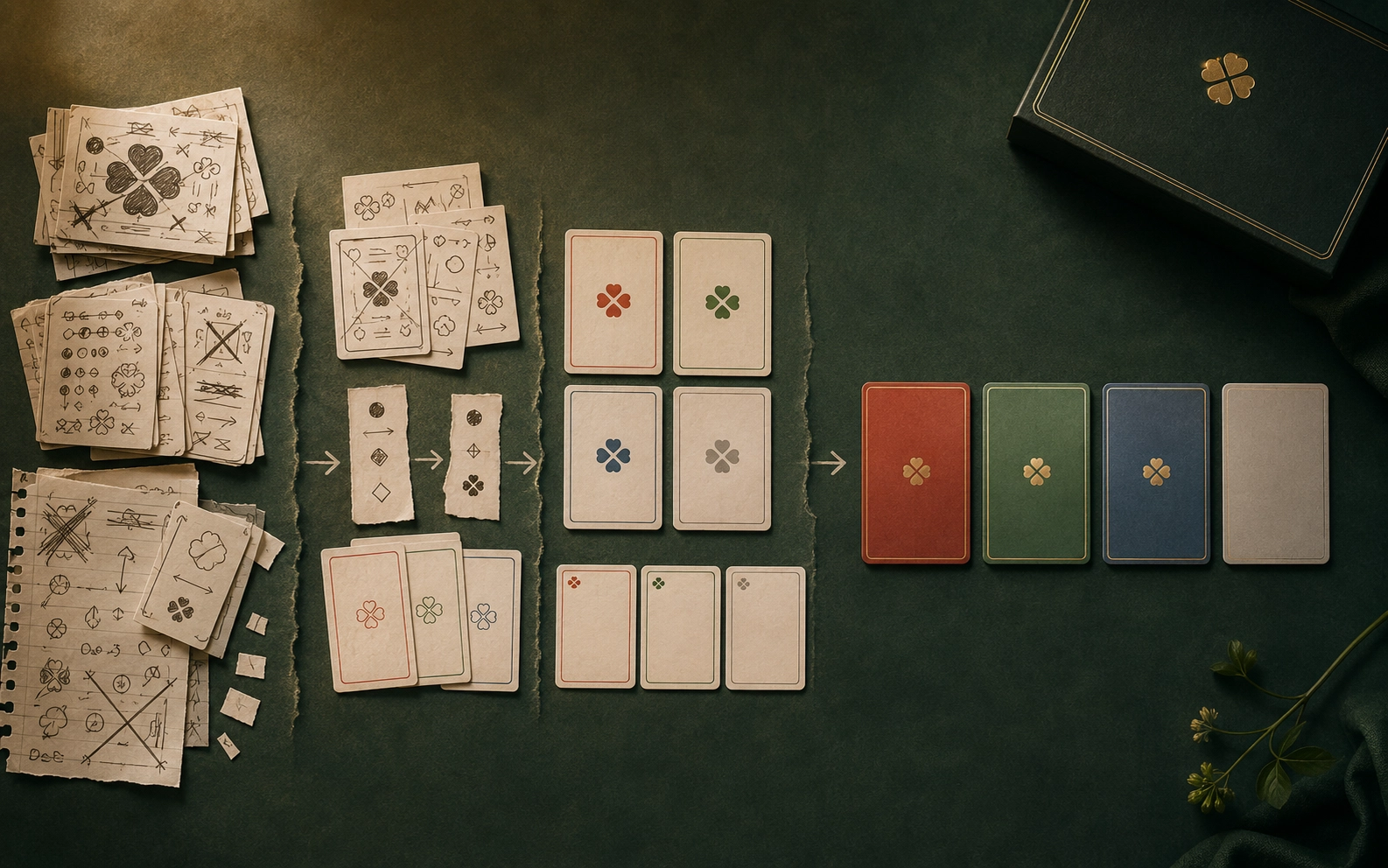 Early prototypes becoming three colors and one intentionally empty Silver card.