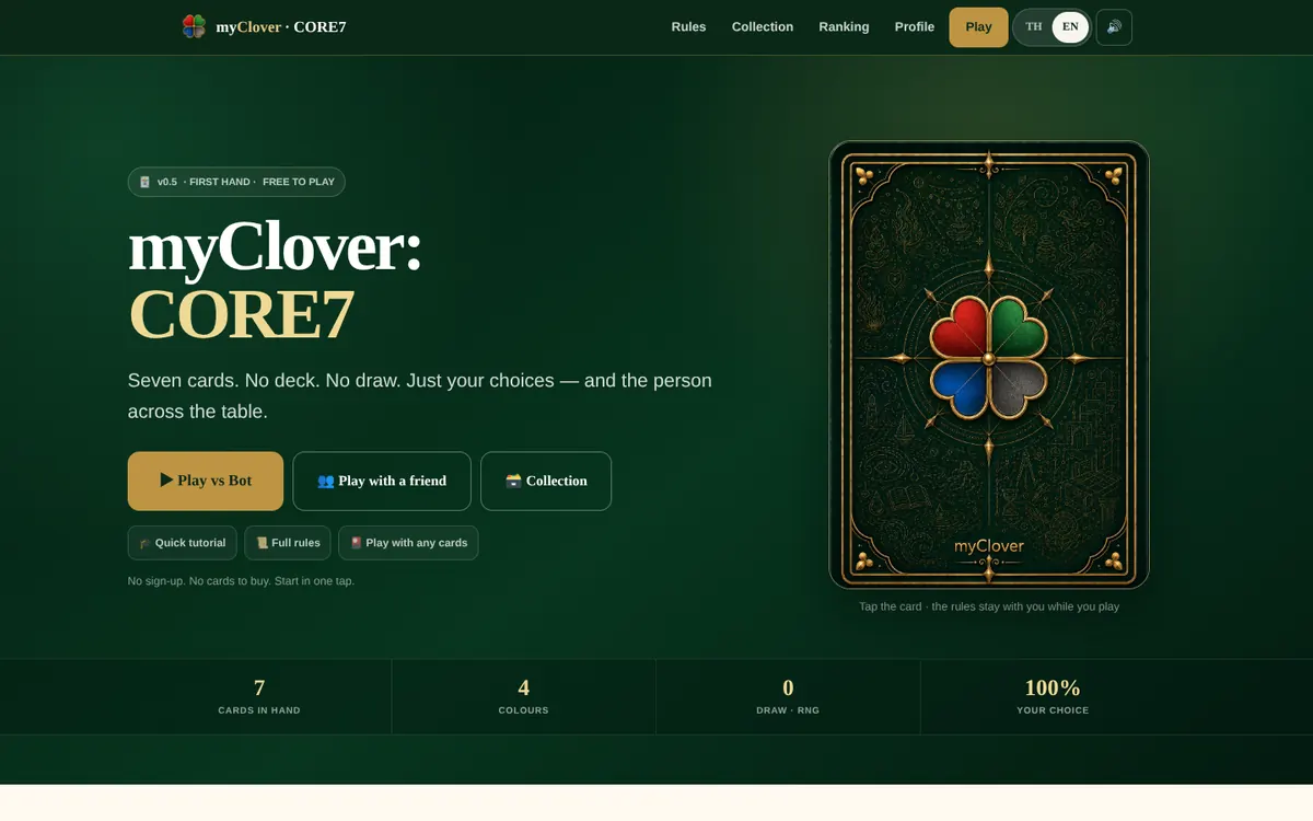 หน้าแรกเกมการ์ด CORE7 พร้อมหลังการ์ดลายโคลเวอร์สี่สี