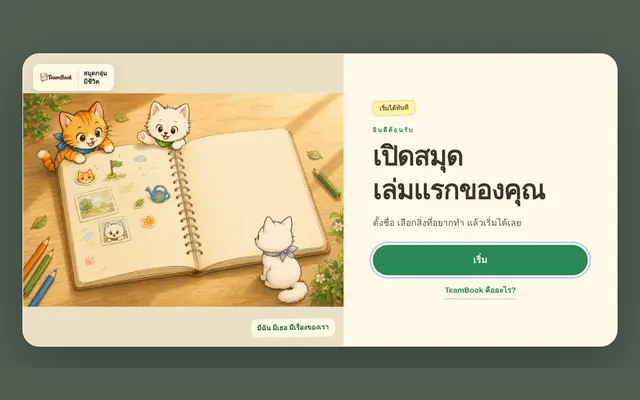 หน้าเปิดสมุดเล่มแรกของ TeamBook ภาพแมวสองตัวกับสมุดที่เปิดอยู่