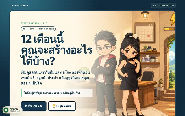 หน้าเริ่มเกม X-VISOR Quest 2.0 ตัวละครสองคนในออฟฟิศแบบพิกเซล